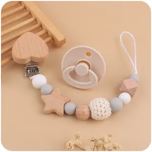 Tétine Pour Bébé Et Attache-Tétine Silicone Perles En Bois De Hêtre Perle Au Crochet Porte-Tétine Pour Nourrissons