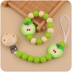 Cartoon Silicone Wood Metal Baby Apple Pacifier Chain And Teether Bracelet BPA Free Infant Soothing Beads Soother Holder Toy