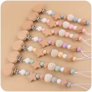 Cartoon Beech Wood Heart Star Baby Pacifier Clip Silicone Crochet Beads Teething Chain Anti-Drop Nipple Holder Strap