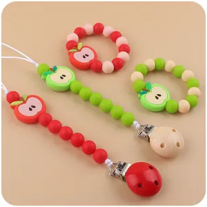 Silicone baby pacifier clips and teething bracelet set with cute apple shaped charms