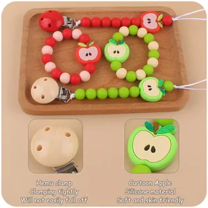 Baby silicone pacifier clip and apple teether toy set with hemu wood beads