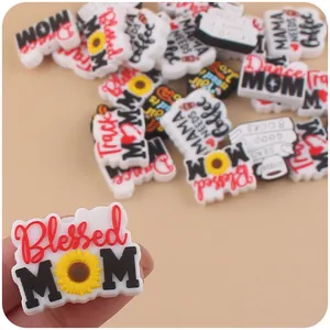 Silicone flower shoe charms with Blessed MOM and floral prints for baby pacifier clips