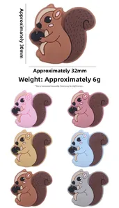 Detailed view of silicone squirrel charms showing exact dimensions and multi-color options