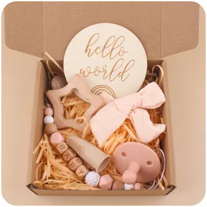 Newborn Baby Gift Collection Silicone Pacifier Beech Wood Star Teether Bow Headband Milestone Card Infant Care Essentials Kit