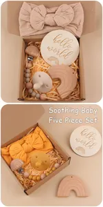 Infant five-piece gift set with rainbow beech wood teether, bow headband and pacifier chain