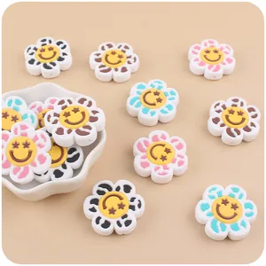 DIY silicone flower beads with star-eye smiley face and leopard print for pacifier chains