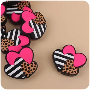 Three-layer heart shoe charms with leopard print and stripes for clogs decoration