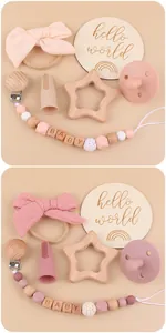 Pink baby set with silicone pacifier chain, star wooden teether and bow headband