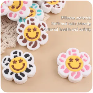 Silicone flower teething beads with smile face and animal prints for DIY baby pacifier clips