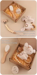 Detail view of the wooden baby brush and silicone pacifier inside the gift packaging