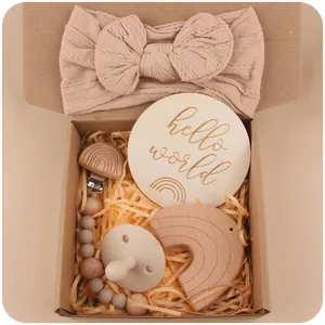 Baby Rainbow Beech Wood Teether Silicone Pacifier Chain Knitted Bow Headband Milestone Card Soothing Newborn Infant Gift Box