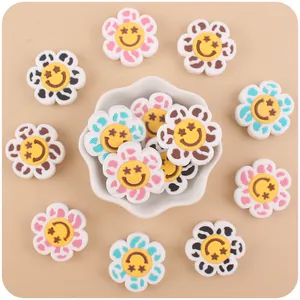 Cartoon Flower Smiley Face Baby Teether Bead Silicone DIY Pacifier Chain Accessory Animal Print Star Eye Infant Teething Relief Charm