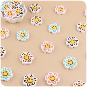 DIY silicone flower teething beads with smile face pattern for baby pacifier clips