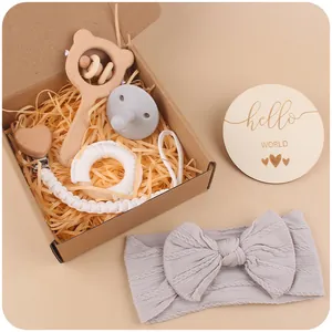 Set regalo para bebé con mordedor de oso, cadena de chupete y diadema gris