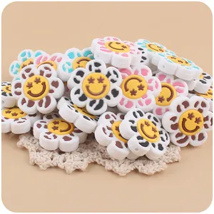 Cartoon flower smiley face silicone beads with leopard and cow patterns for DIY baby teethers