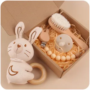 Soothing Baby Gift Set With Animal Plush Rattle Wooden Hair Brush Silicone Pacifier And Beaded Pacifier Chain For Infants