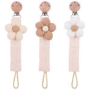 Baby Pacifier Clip Chain Cartoon Corduroy Flower Cotton Fabric Beech Wood Pacifier Holder For Infant Anti-lost Soothing Strap