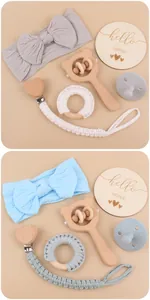 Detalle del set de regalo para bebé con sonajero de oso, clip de chupete y diadema