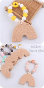 Detailed close-up of rainbow wooden teether with silicone beads and crochet textures