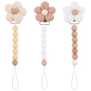 Infant Pacifier Clip Silicone Wooden Beaded Chain With Corduroy Flower Baby Soothing Anti-Drop Pacifier Holder For Teething Toy