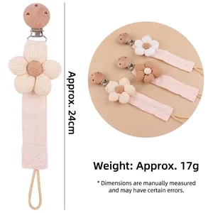 Handmade floral pacifier clip with beech wood and cotton fabric strap, 24cm length
