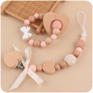 Handmade Baby Pacifier Clip And Heart Teether Set Silicone Beech Wood Beads With Satin Bow For Infant Soothing Teething Toy