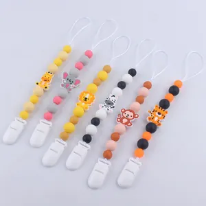 Assorted cartoon animal silicone pacifier clips with colorful beads for babies