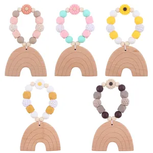 Baby Teether Toy Cartoon Rainbow Beech Wood Silicone Beads Bracelet For Infants Newborn Soothing Sensory Grasping Toy