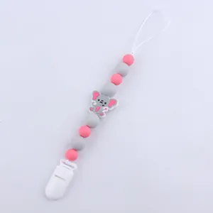 Pink and grey silicone baby pacifier clip with a cute elephant bead and white safety clip