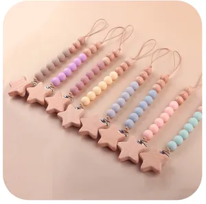 Attaches en bois en étoile et perles silicone macaron pour chaîne de sucette bébé