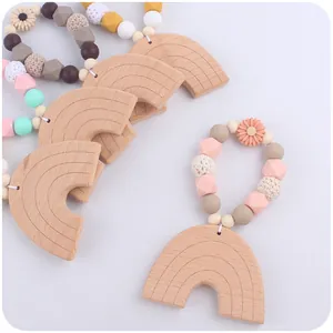 Rainbow beech wood and silicone baby teether ring with colorful sensory beads
