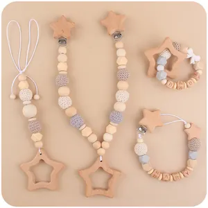 Set Giochi Dentizione Neonato Silicone Legno Faggio Stella Catenella Ciuccio Perline Uncinetto Sonaglio Passeggino Regalo