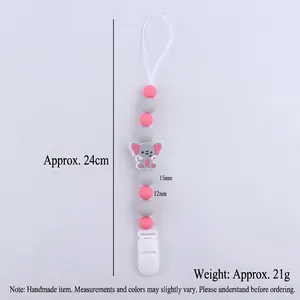 Pink and gray silicone baby pacifier clip with elephant charm, 24cm length chain