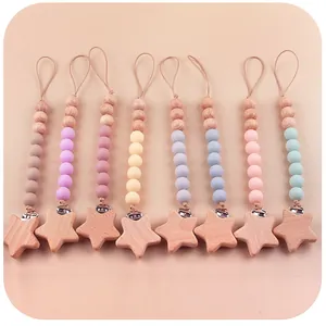 Attache Tétine Bébé Chaîne de Dentition en Silicone Clip Étoile en Bois de Hêtre Support Apaisant Anti-perte Fait Main Accessoire de Soins