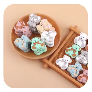 Cartoon bear silicone teething beads for baby pacifier clips in pastel macaron colors