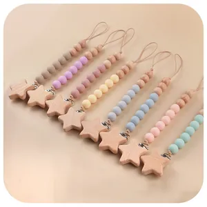 Lot de 8 attaches-tétines pour bébé avec étoiles en bois et perles en silicone colorées