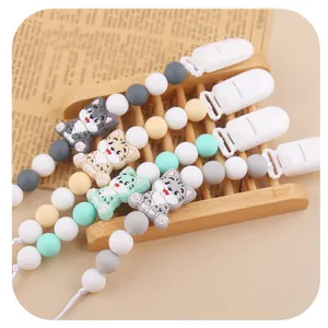 Silicone pacifier clip chain with cartoon cat design for babies in various colors