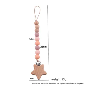 Attache-tétine bébé en bois de hêtre et silicone avec clip étoile et détails de dimensions