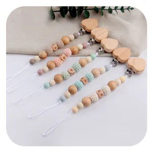 DIY beech wood heart pacifier clips set with colorful silicone beads for babies