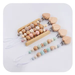 DIY beechwood heart pacifier clip with silicone beads for baby in Morandi colors