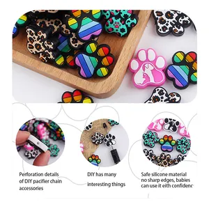 DIY baby pacifier chain silicone beads in animal paw shape with leopard and rainbow patterns