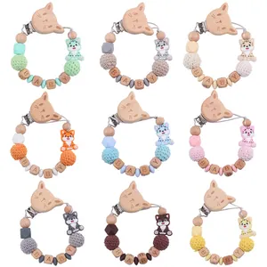 Catenella per Ciuccio in Silicone per Neonati Gatto in Legno di Faggio Catena per Dentizione Con Perline Lettera Baby Perline Crochet