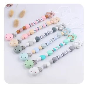Silicone Pacifier Clip For Baby Cute Bear Design Letter Beads Pacifier Chain Anti Drop Infant Teething Toy Newborn Baby Gift