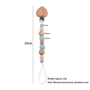 DIY beechwood heart pacifier clip with silicone beads and crochet ball, length 24cm