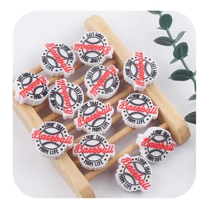 Baseball themed PVC shoe charms with LIVIN' THAT MOM LIFE text and white baseball design