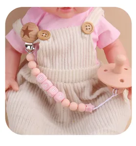 Pink silicone baby pacifier chain with beech wood star clip and letter beads set