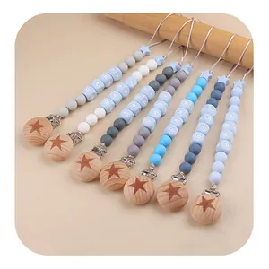 Silicone Beads Beech Wood Baby Pacifier Clip Star Pattern Letter Beads Anti-Drop Holder Chain For Infants Toddlers Baby Shower Gift