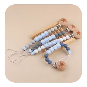 Silicone and beech wood baby pacifier clip set with planet and star beads