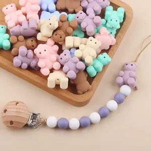 DIY silicone bear beads and pacifier chain with wooden clip in pastel macaron colors