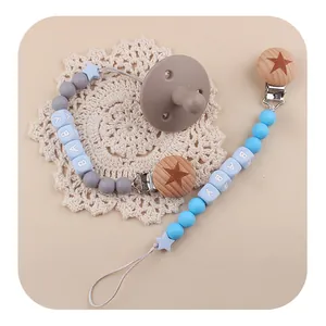 Silicone baby pacifier clips set with planet star beads and beech wood holder